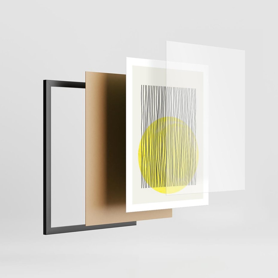 Plakat w ramie 50x70 - Ciepłe Przenikanie - geometria, żółte koło - rama czarna