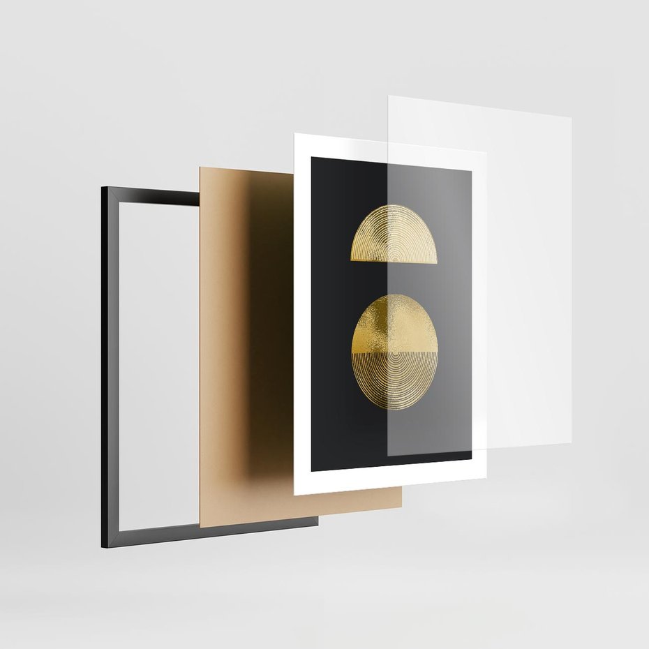 Plakat w ramie 30x40 - Migotliwe Przeniknięcia - złote koła, czarne tło - rama czarna