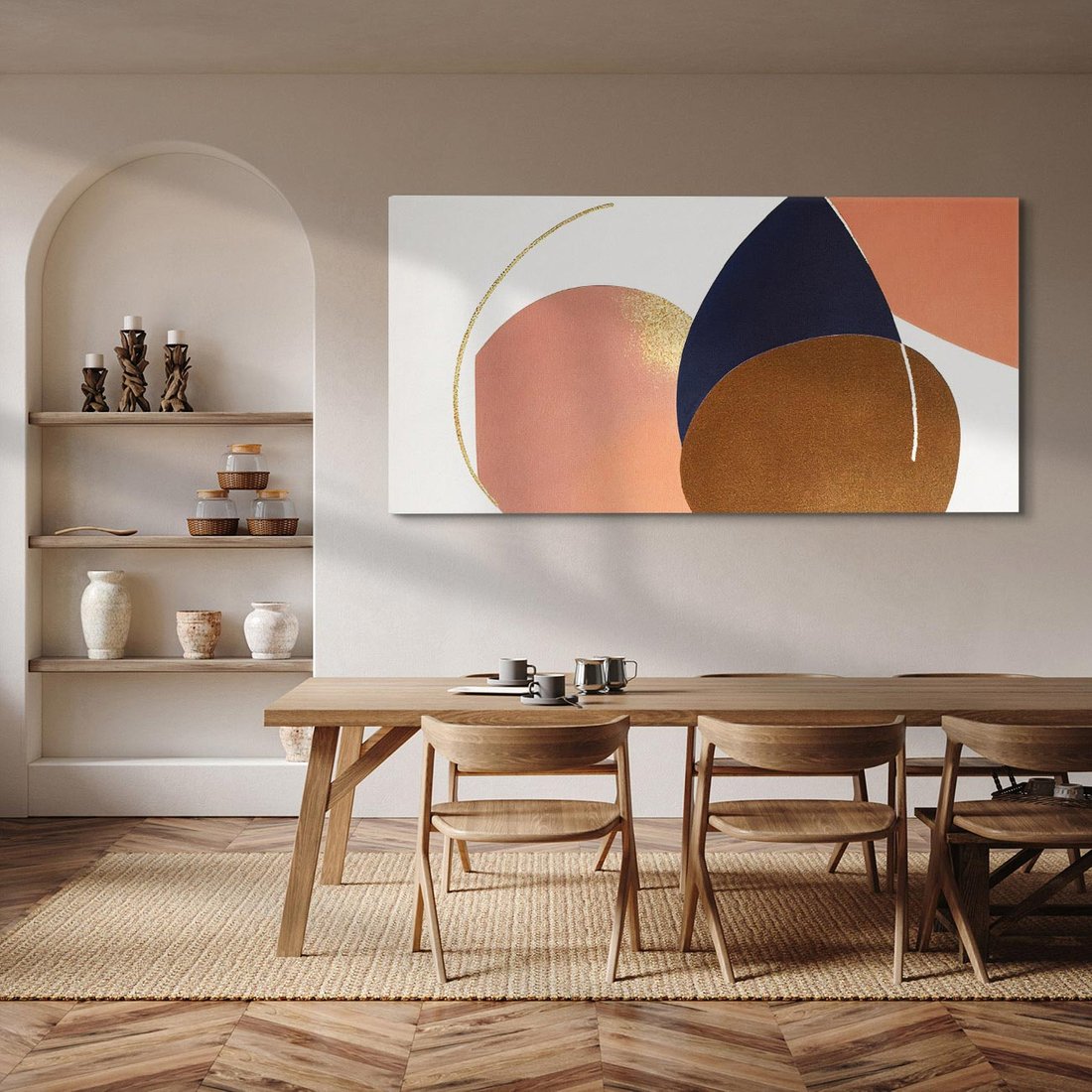 Obraz na płótnie 120x60 - Pudrowe Kreacje - abstrakcyjne plamy koła złote linie modern art