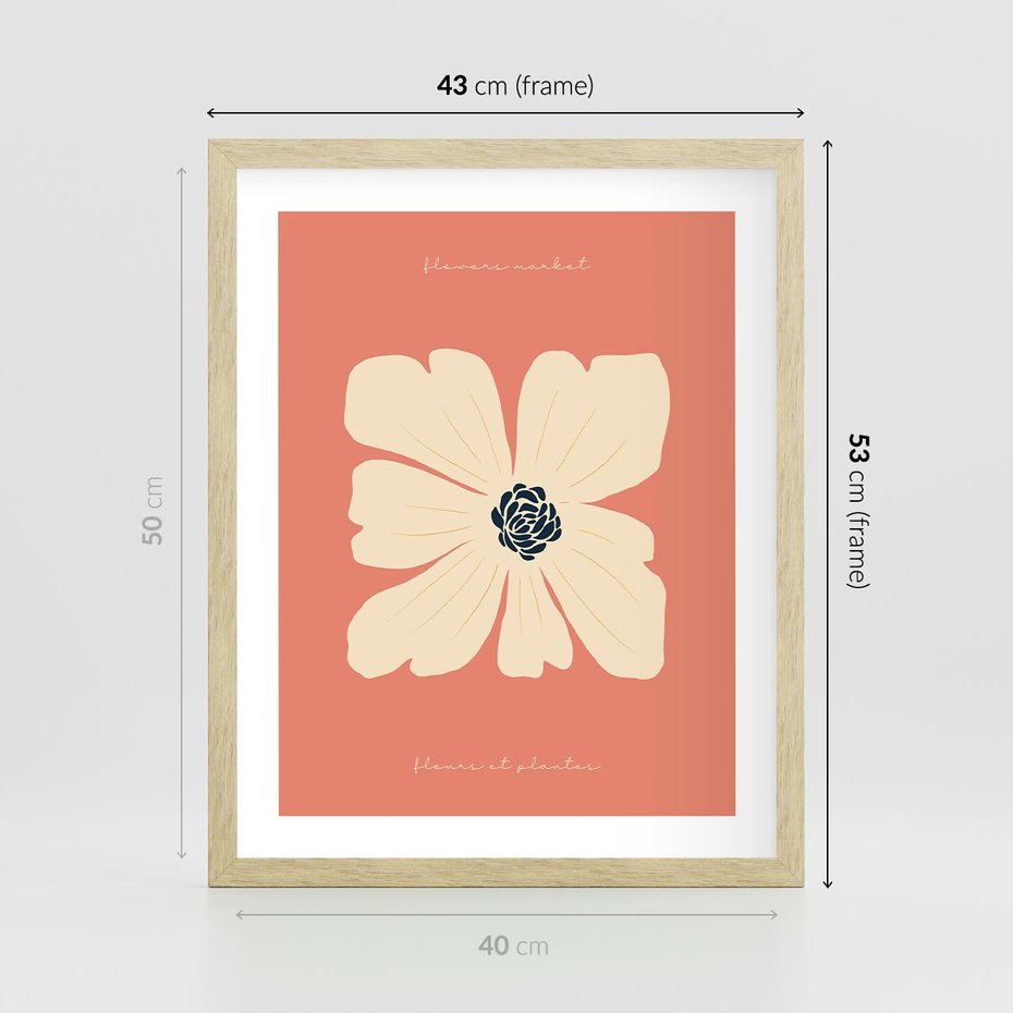 Plakat w ramie 40x50 - Malowane Kolorowe Echa - minimalistyczna grafika, biały kwiat na różowym tle - rama drewno