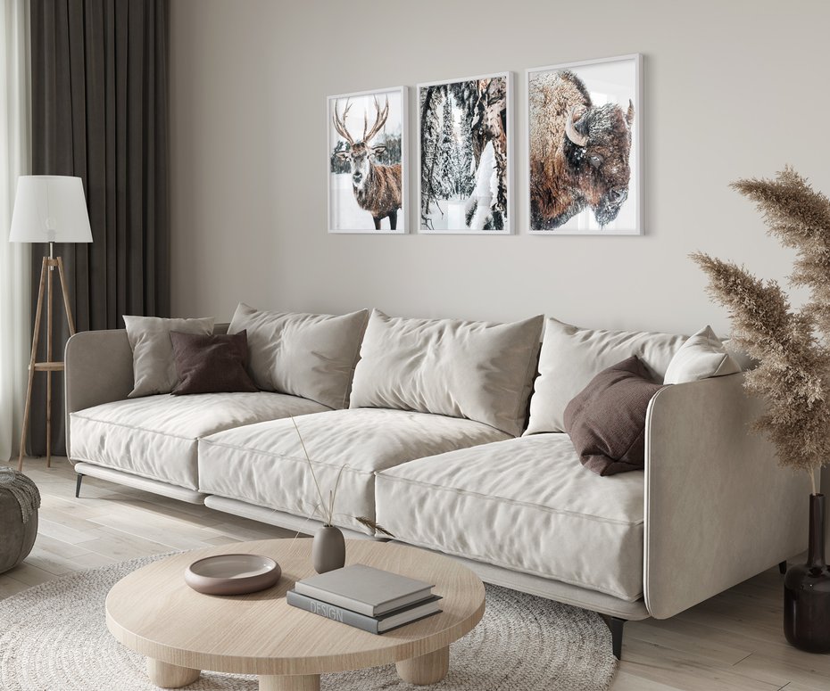 Zestaw obrazy w ramie 40x50 galeria - Jeleń, bizon, zima, retro - rama biała