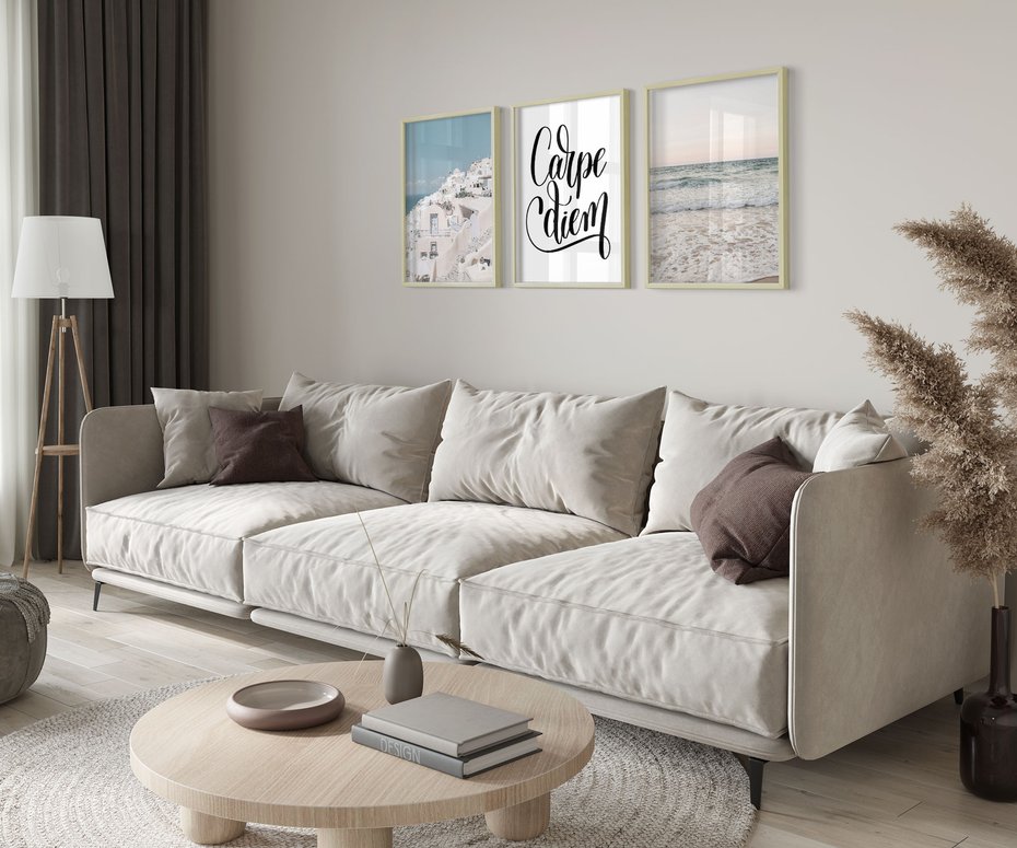 Zestaw obrazy w ramie 50x70 galeria - Carpe, diem, Santorini, plaża, morze - rama drewno