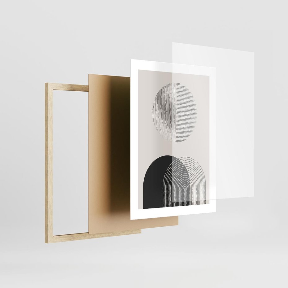 Plakat w ramie 30x40 - Przenikająca Rzeczywistość - abstrakcyjna kompozycja, okręgi i półokręgi - rama drewno
