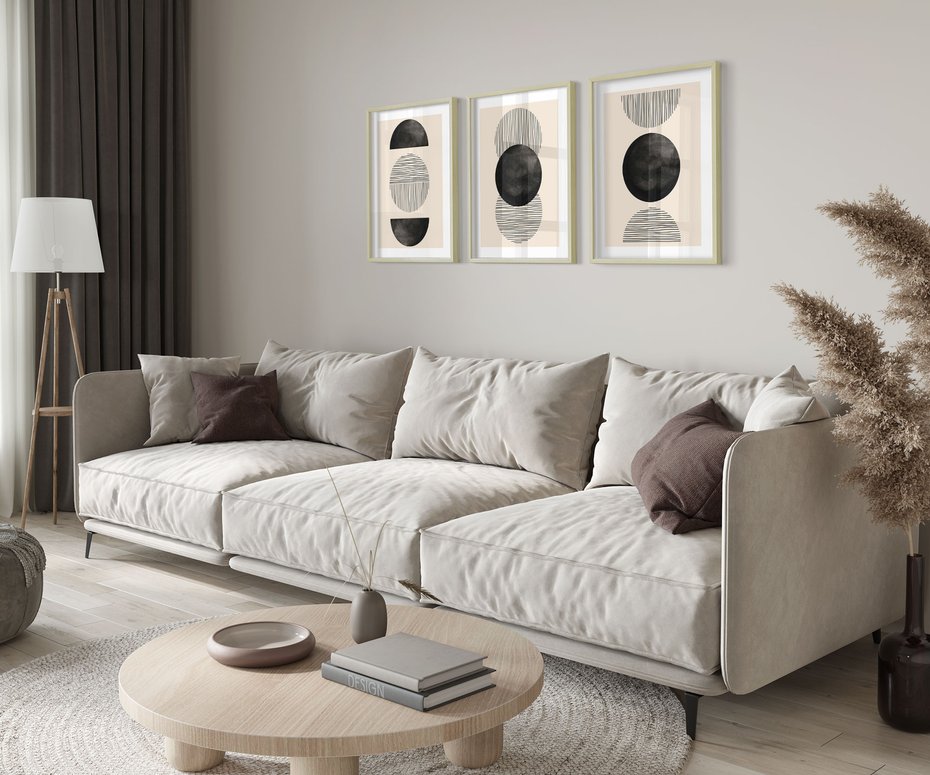 Zestaw obrazy w ramie 50x70 galeria - Geometryczne, grafiki, czarno, biały - rama drewno