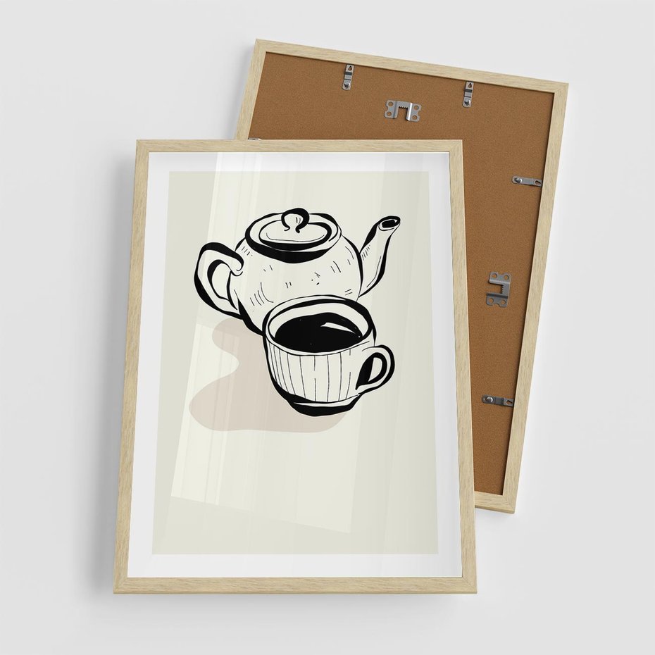 Plakat w ramie 50x70 - Kawa w Minimalistycznym Szkicu - grafika, szkic - rama drewno