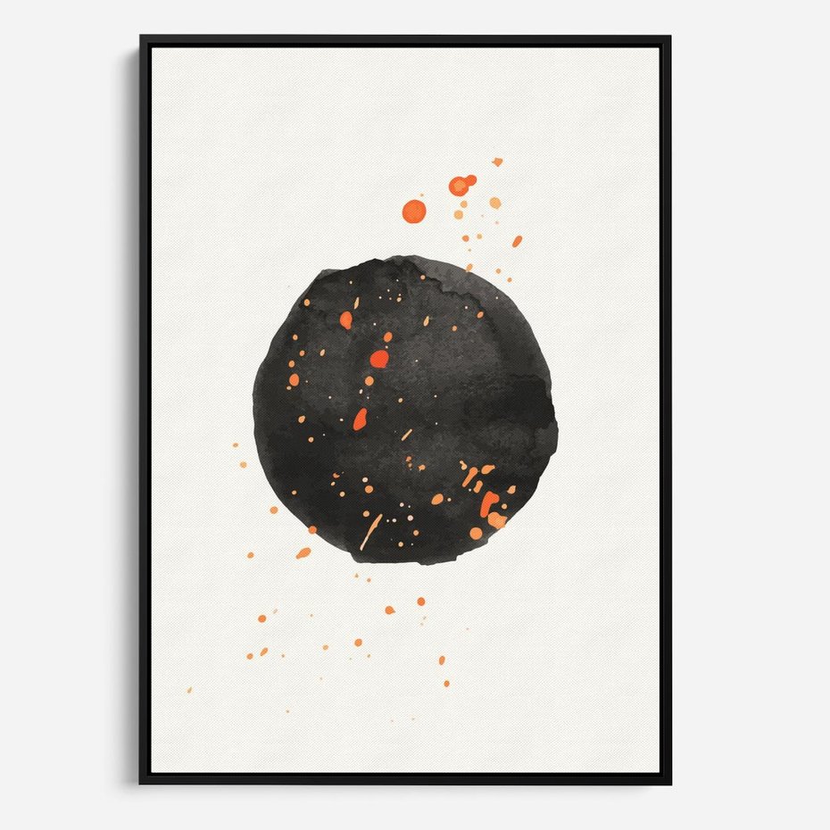 Obraz w ramie 70x100 - Wibracje Kolorów - abstrakcyjna czarna plama, rozsiane pomarańczowe kropki - rama czarna