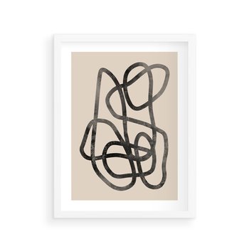 Plakat w ramie 40x50 - Przenikanie Wirtualnych Wymiarów - zaplątane minimalistyczne linie, na bezowym tle - rama biała