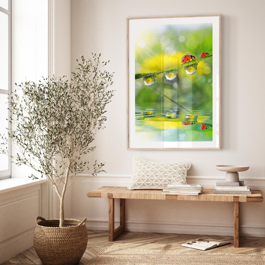 Plakat w ramie 40x50 - Deszczowa Biedronka - biedronka, deszcz - rama drewno