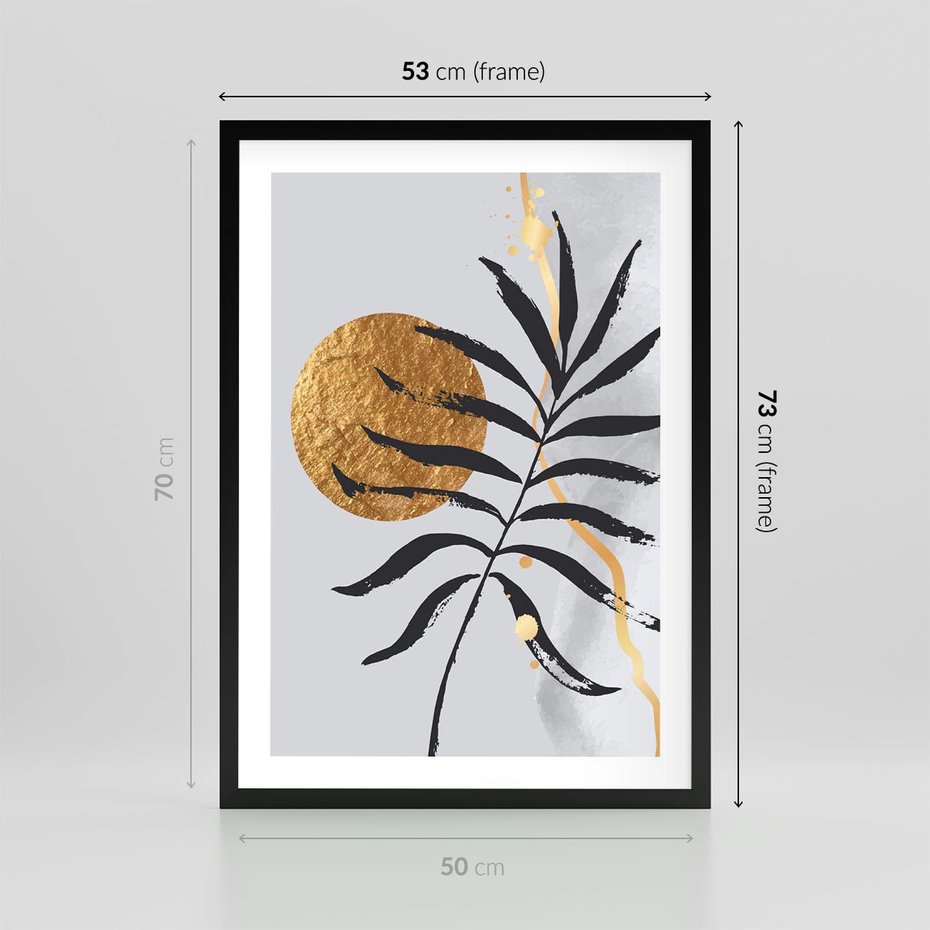 Plakat w ramie 50x70 - Grafika z Czarnym Liściem Palmy - czarny liść palmy, złóte kołó - rama czarna