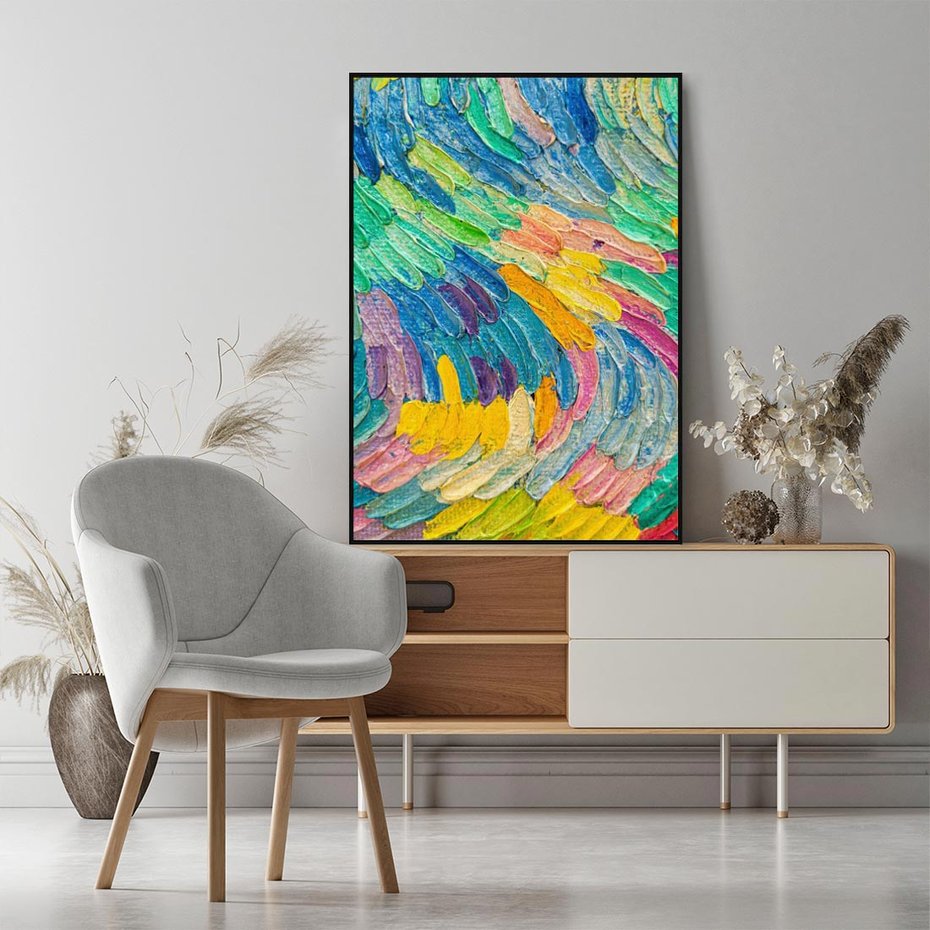 Obraz w ramie 50x70 - Egzotyczne Pióra - abstrakcyjne dzieło, farby olejne - rama czarna