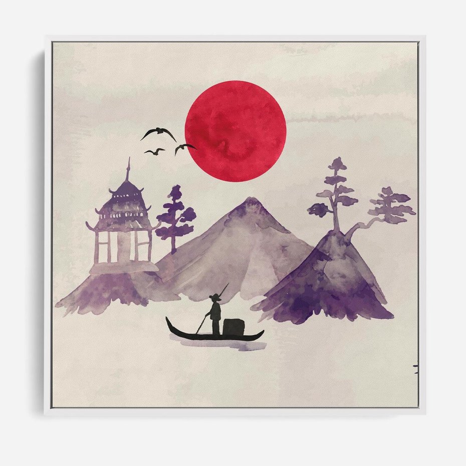 Obraz w ramie 80x80 - Odbicie Słońca - japońska sztuka, akwarela - rama biała