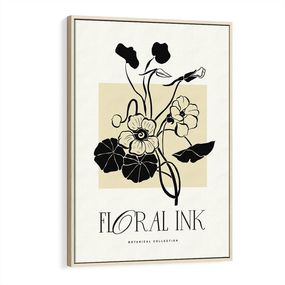 Obraz w ramie 80x120 - Podróż linii kwiatowego czasu - kwiaty, typografia - rama drewno