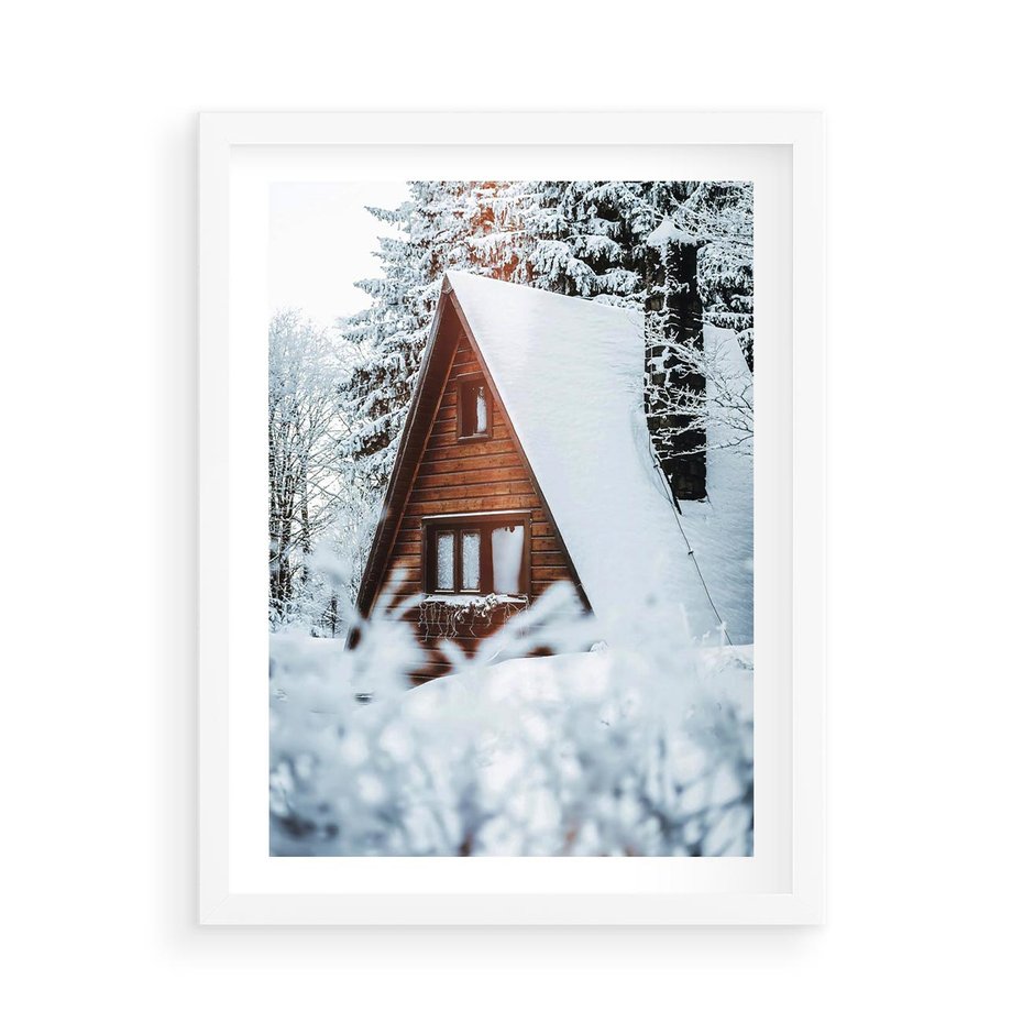 Plakat w ramie 50x70 - Zimowe Ustronie w Lesie - domek w lesie, zimowy las - rama biała