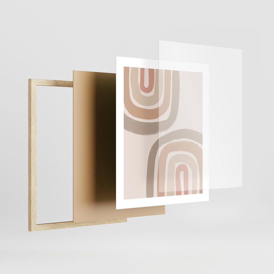 Plakat w ramie 40x50 - Migotliwe Tęczowe Przestrzenie - abstakcyjne tęcze, delikatne odcienie beżu - rama drewno