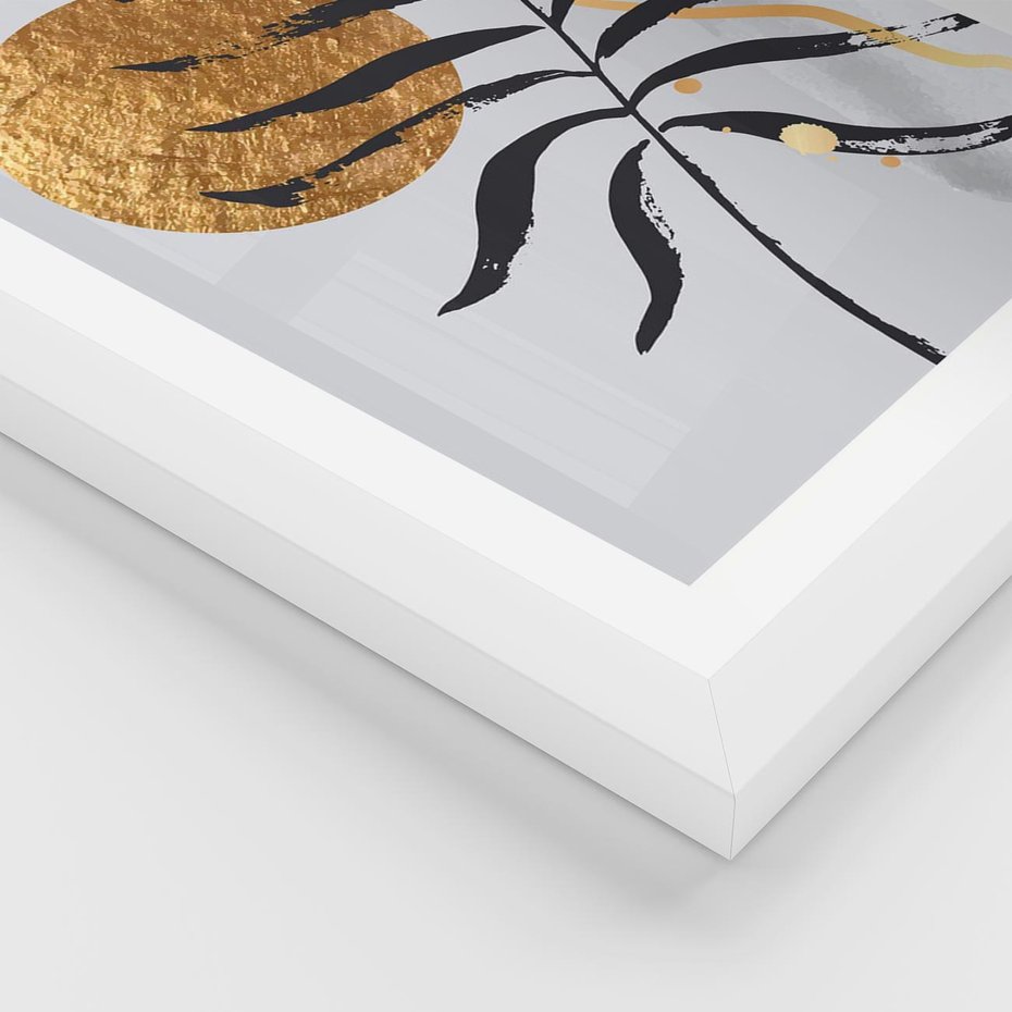 Plakat w ramie 40x50 - Grafika z Czarnym Liściem Palmy - czarny liść palmy, złóte kołó - rama biała
