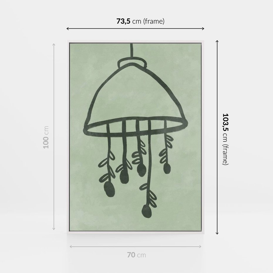 Obraz w ramie 70x100 - Zieleń Inspirującego Spokoju - plakat z abstrakcyjną zieloną lampą, skandynawski design - rama biała