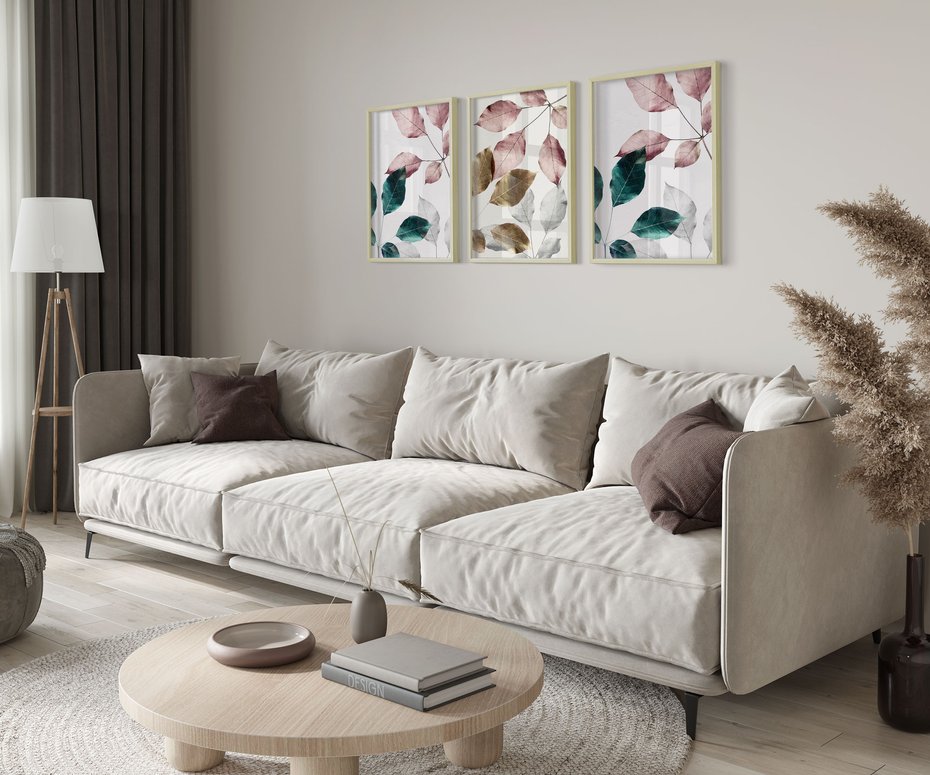 Zestaw obrazy w ramie 30x40 galeria - Liście, srebrne, złote, minimalizm - rama drewno