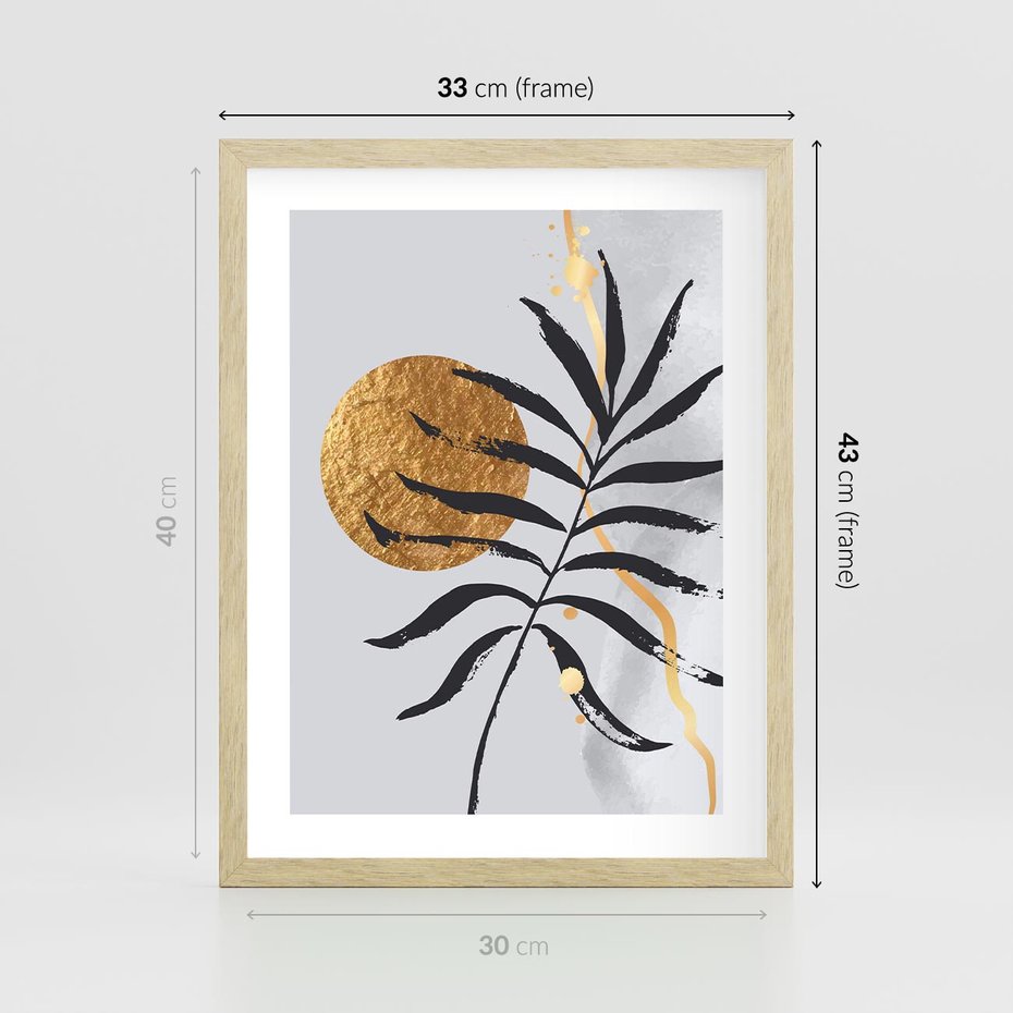 Plakat w ramie 30x40 - Grafika z Czarnym Liściem Palmy - czarny liść palmy, złóte kołó - rama drewno