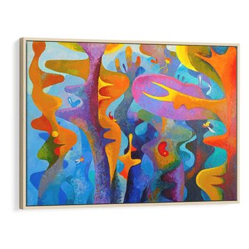 Obraz w ramie 70x50 - Płomienne Tańce Abstrakcji - energetyczna abstrakcja, dziwne formy - rama drewno