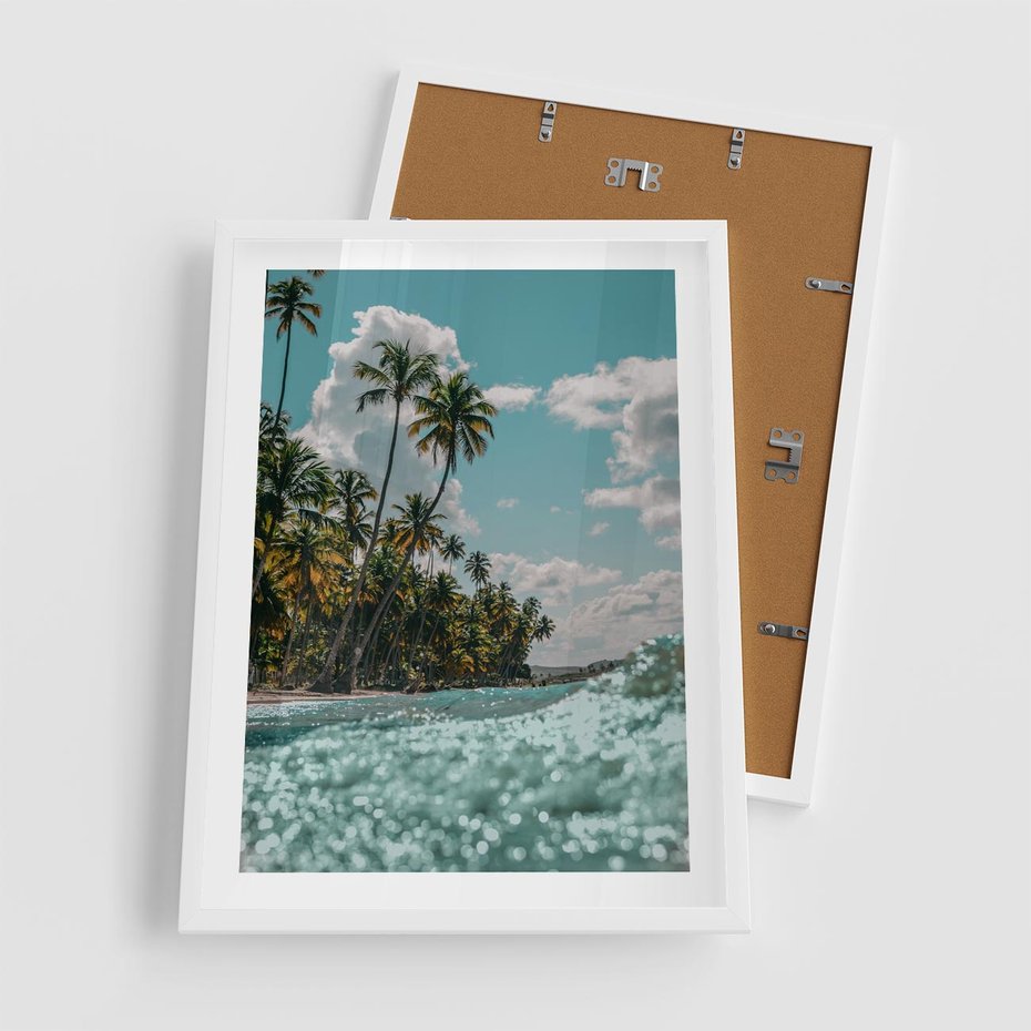 Plakat w ramie 50x70 - Rajskie Wakacje - plaża, palmy - rama biała