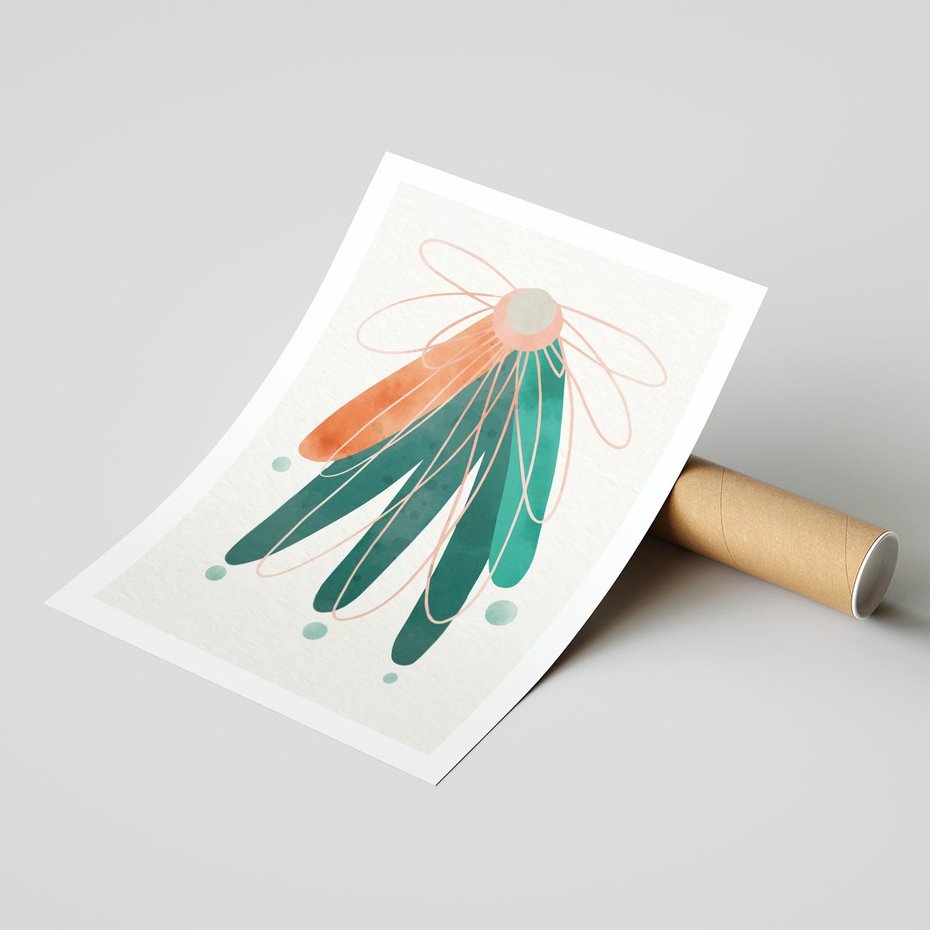 Plakat bez ramy 40x50 - Energetyczna Harmonia Kwiatów - akwarelowe abstrakcyjne kształty, zieleń i pomarańcz