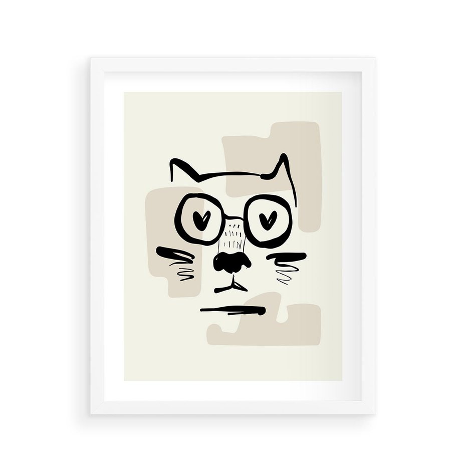 Plakat w ramie 40x50 - Minimalistyczny Kot: Czarna Kreska - kot, grafika - rama biała