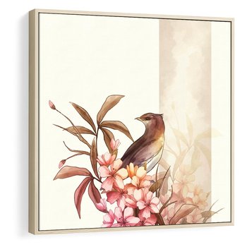 Obraz w ramie 80x80 - Kwiatowe Zanurzenie - japońska sztuka, ptak - rama drewno