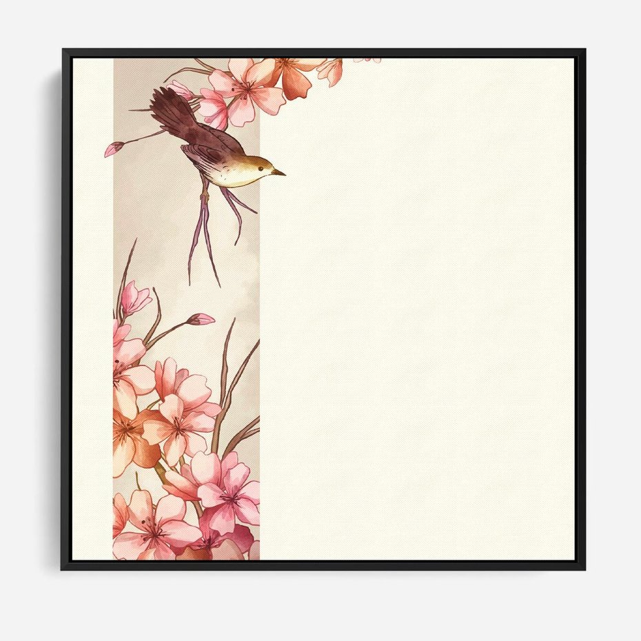 Obraz w ramie 50x50 - Rozkwitające Marzenia - japońska sztuka, ptak - rama czarna