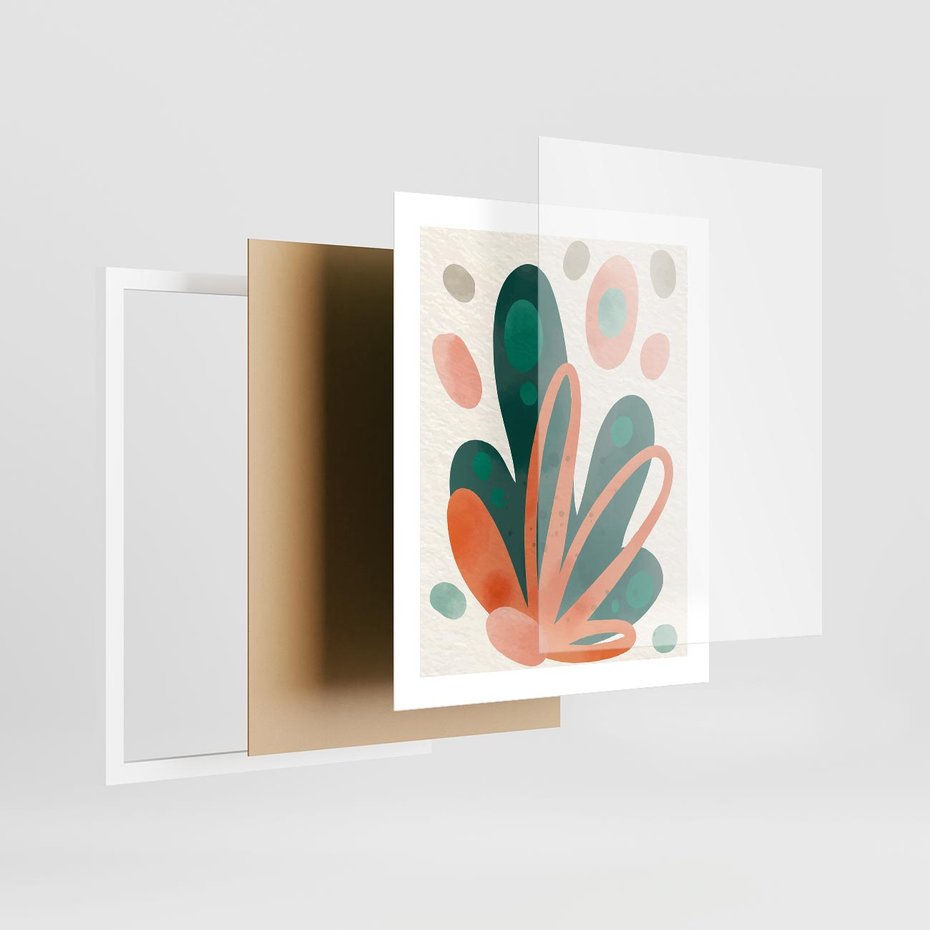 Plakat w ramie 40x50 - Harmonia bez Harmonii - akwarelowe abstrakcyjne kształty, zieleń i pomarańcz - rama biała