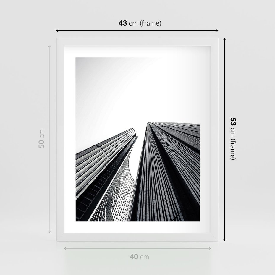 Plakat w ramie 40x50 - Monochromatyczna Wizja - architektura, wysoki wieżowiec - rama biała