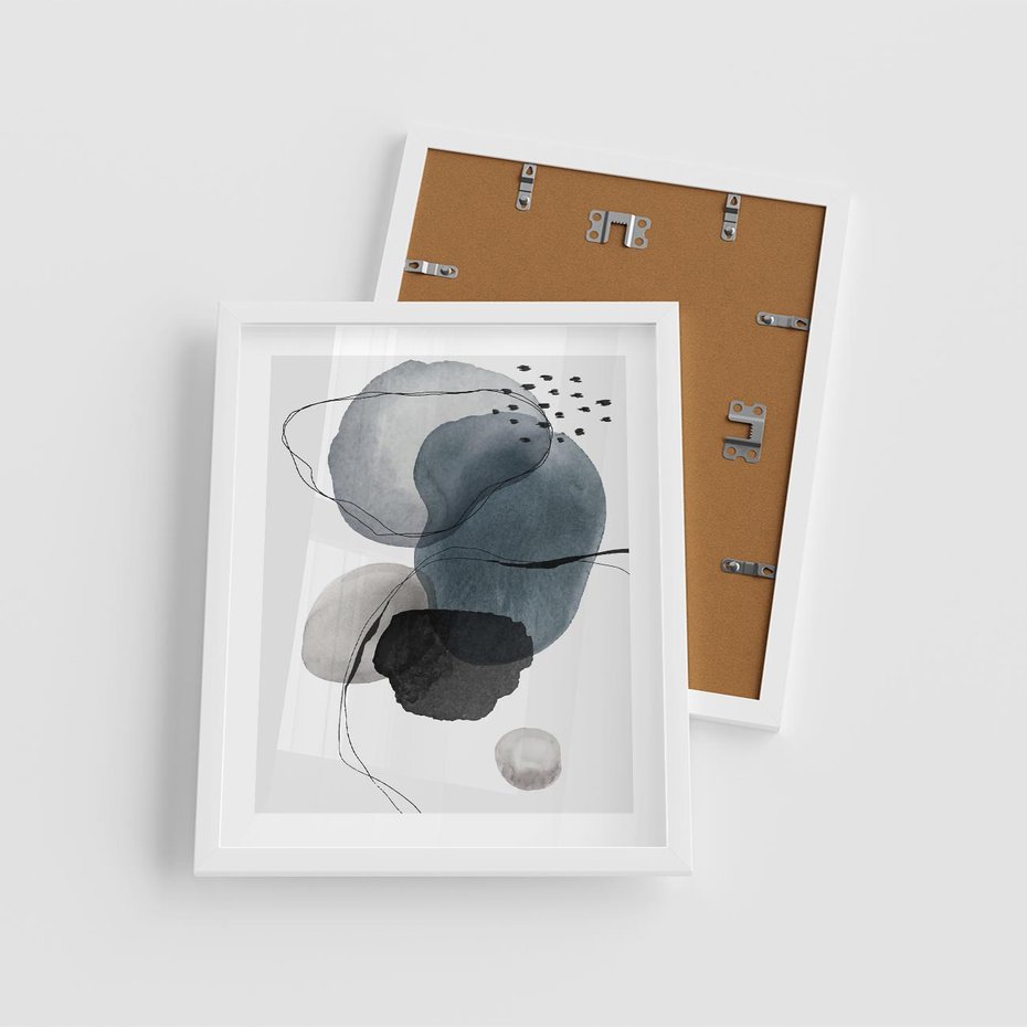 Plakat w ramie 40x50 - Wibracje Kształtów - abstrakcyjne plamy akwarelowe, czarny szkic - rama biała