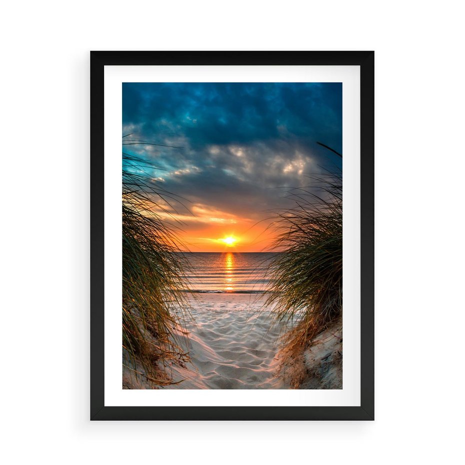 Plakat w ramie 50x70 - Magia zachodu słońca na plaży - zachód, słońca - rama czarna