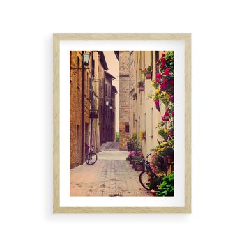 Plakat w ramie 50x70 - Rowerowa przygoda w uliczkach pełnych perspektywy - uliczka, perspektywa - rama drewno