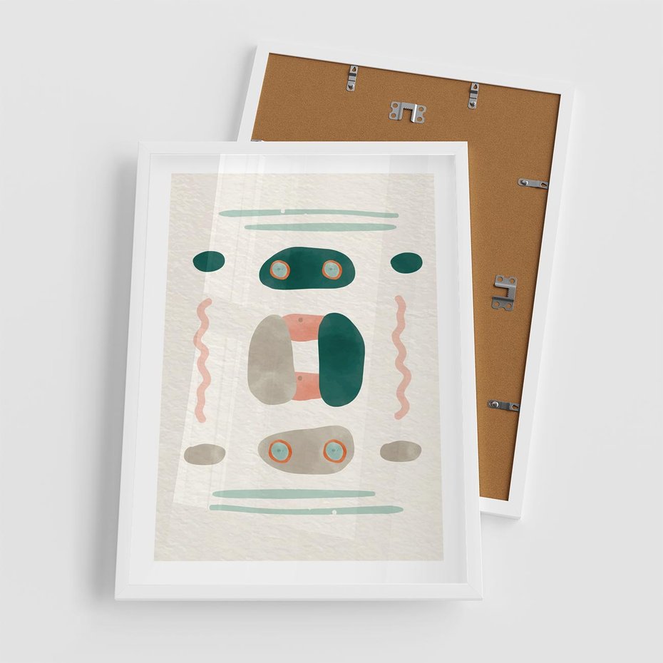 Plakat w ramie 50x70 - Tańczące Kształty Natury - przypadkowe abstrakcyjne wzory, pomarańczowy i zielony - rama biała