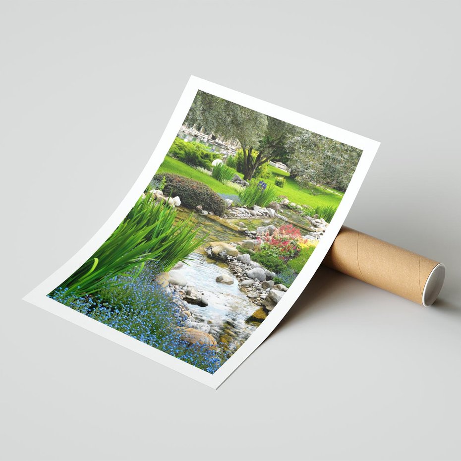 Plakat bez ramy 21x30 - Ogródowy Strumyk - strumyk, ogród