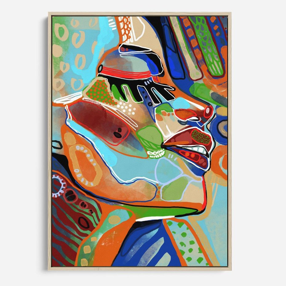 Obraz w ramie 50x70 - Kolorowe Wnętrza Kształtów - abstrakcyjny portret kobiety, twarz - rama drewno