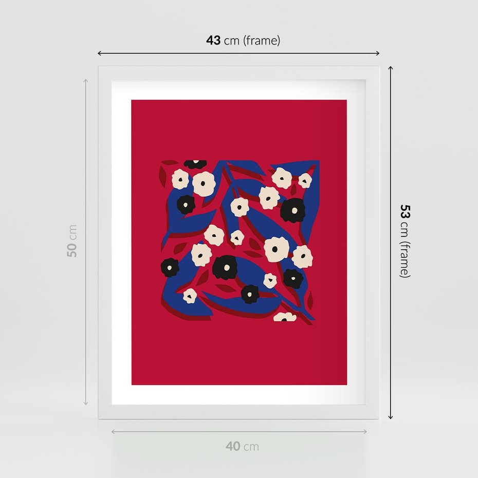 Plakat w ramie 40x50 - Kolorowe Przenikanie - abstrakcyjna kwiatowa kompozycja, czerwone mocne tło - rama biała