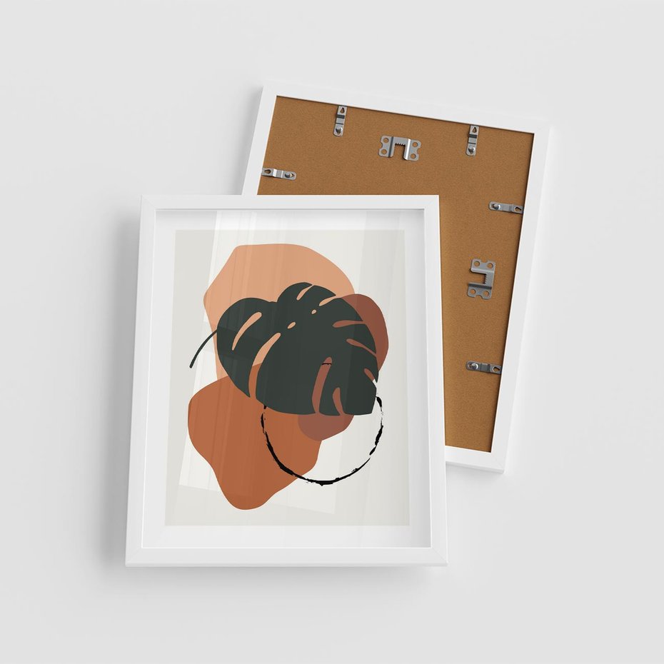 Plakat w ramie 40x50 - Brązowa Ekspresja - liść monstery, boho obraz - rama biała