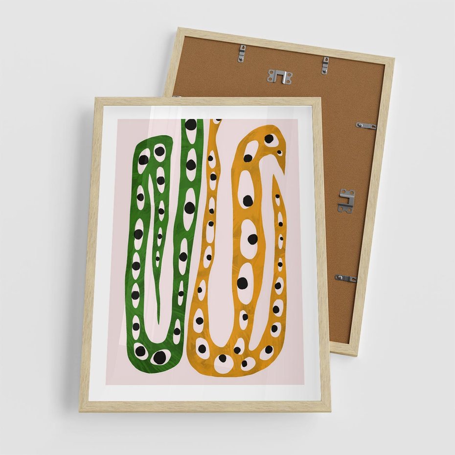 Plakat w ramie 50x70 - Migocące Zmaganie - abstrakcyjny obraz, dziwne kształty - rama drewno