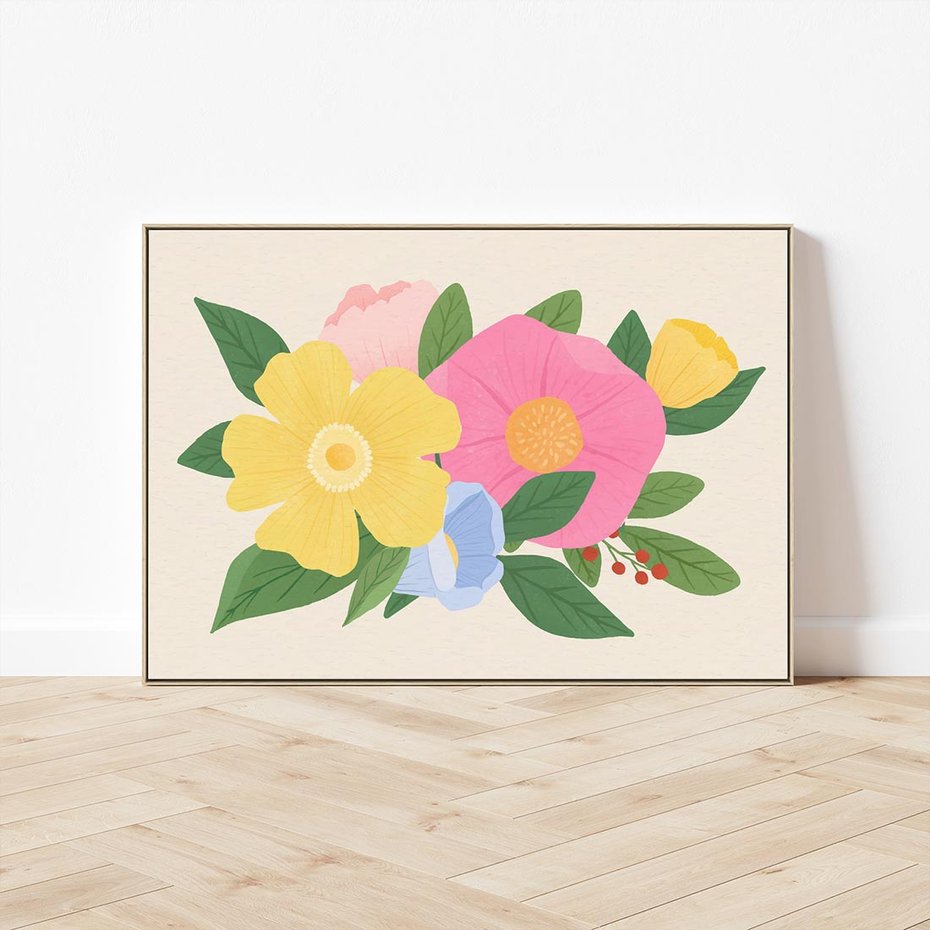 Obraz w ramie 120x80 - Kwiatowy Uśmiech - kwiaty, akwarela - rama drewno