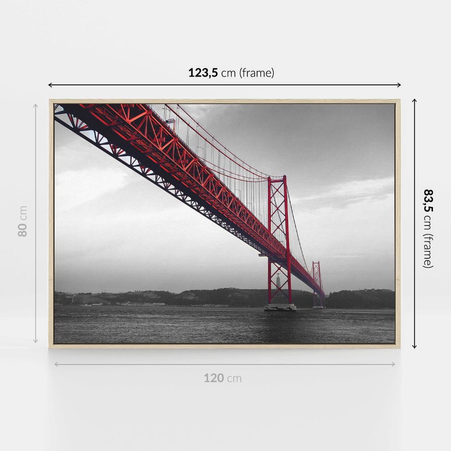 Obraz w ramie 120x80 - Majestatyczny Most - czarno biała fotografia, czerwony stalowy most nad rzeką - rama drewno