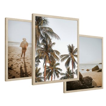 Zestaw obrazy w ramie 50x70 galeria - Plaża, palmy, zachód, słońca, morze - rama drewno