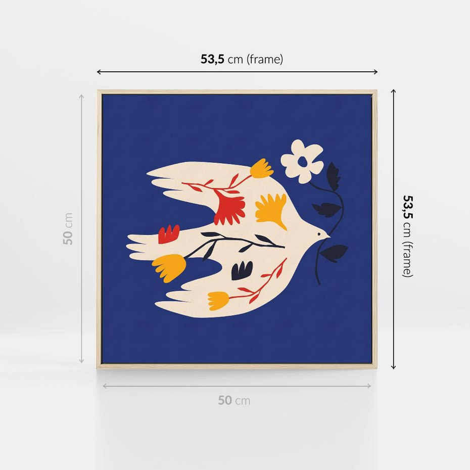 Obraz w ramie 50x50 - Bezczasowy Szept - niebieskie tło, abstrakcyjny biały ptak - rama drewno