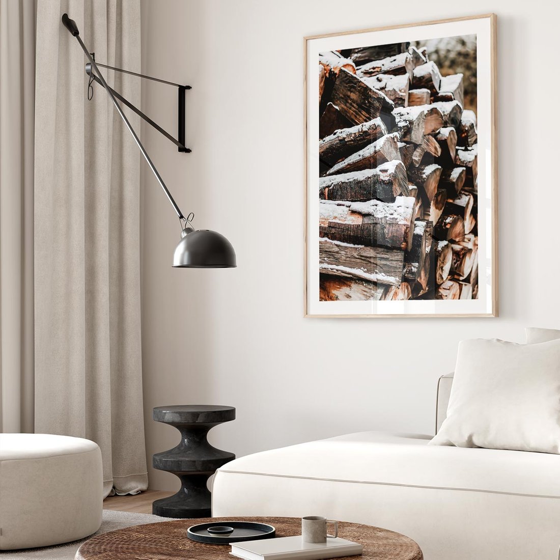 Plakat w ramie 50x70 - Zimowa Drewniana Idylla - drewno, kłody - rama drewno