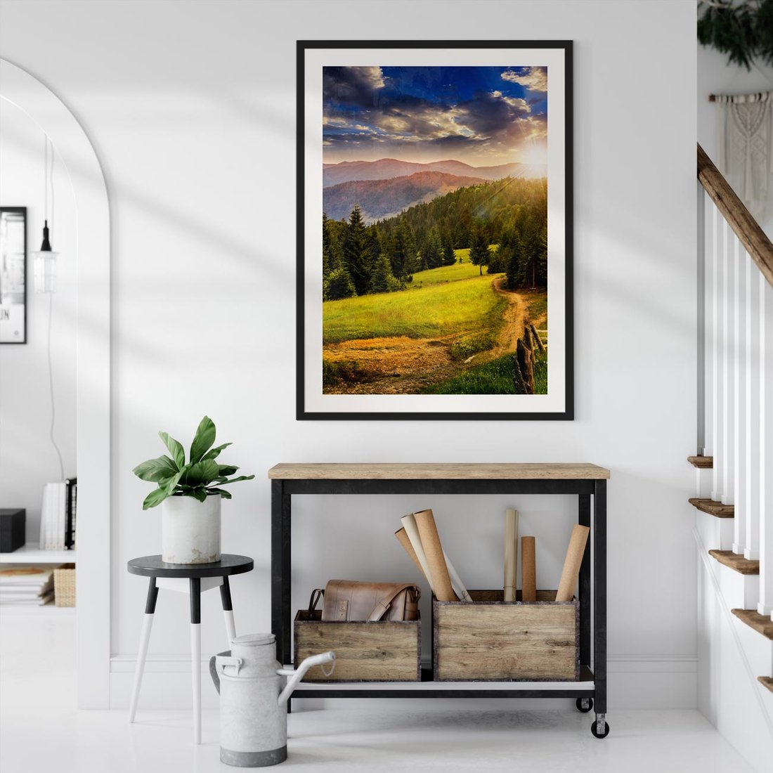 Plakat w ramie 50x70 - Zachód słońca na łące - zachód, łąka - rama czarna