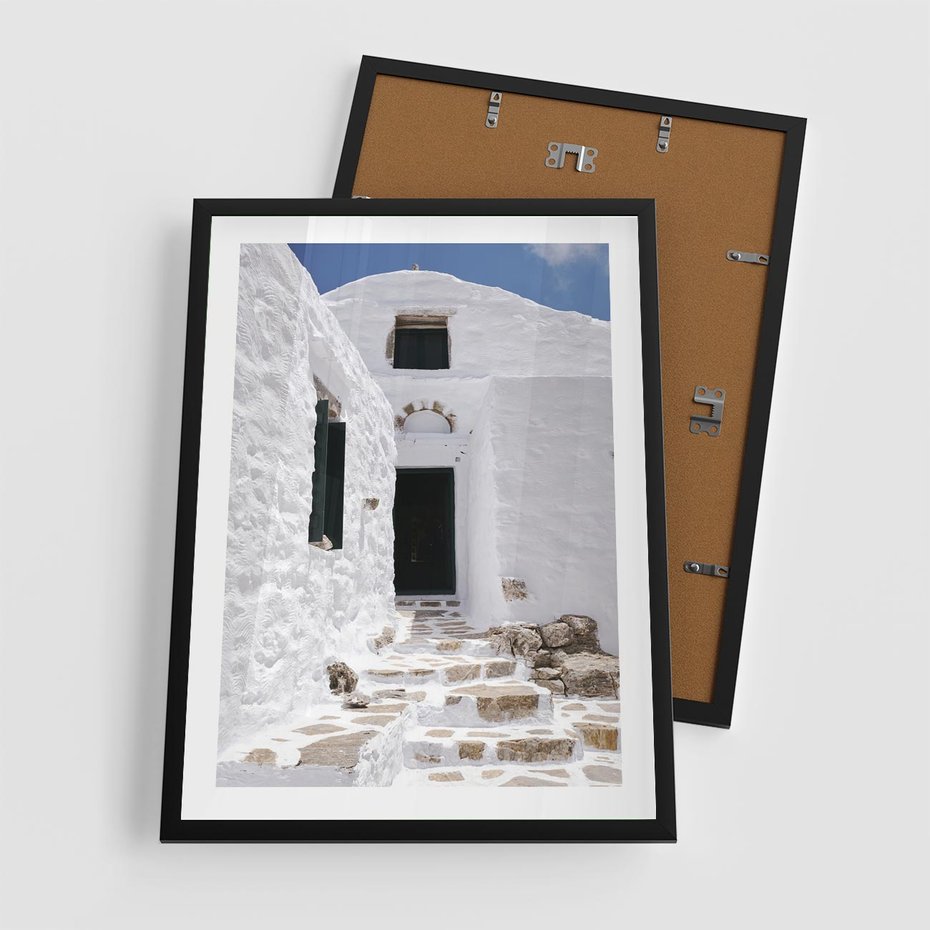 Plakat w ramie 50x70 - Santorini - Grecja błękitem malowana - Santorini, Grecja - rama czarna