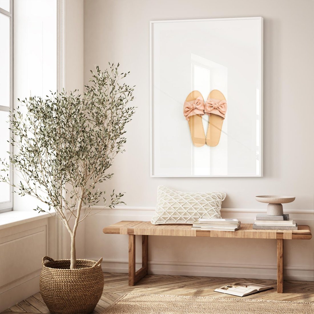 Plakat w ramie 40x50 - Minimalistyczna Moda: Klapki na Białym Tle - klapki, minimalizm - rama biała