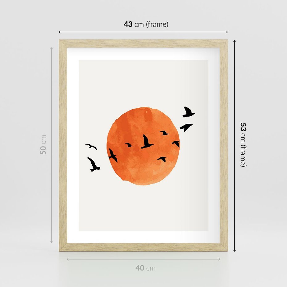 Plakat w ramie 40x50 - Zachód Słońca i Ptaki - grafika akwarela, czarne ptaki na tle zachodu słońca - rama drewno