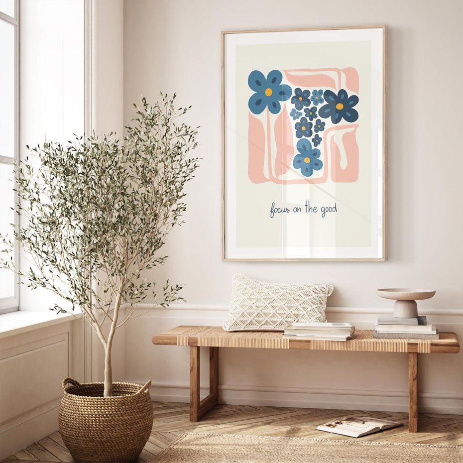 Plakat w ramie 50x70 - Linie kwiatowych marzeń - minimalistyczna kwiatowa kompozycja, pastelowe kolory - rama drewno