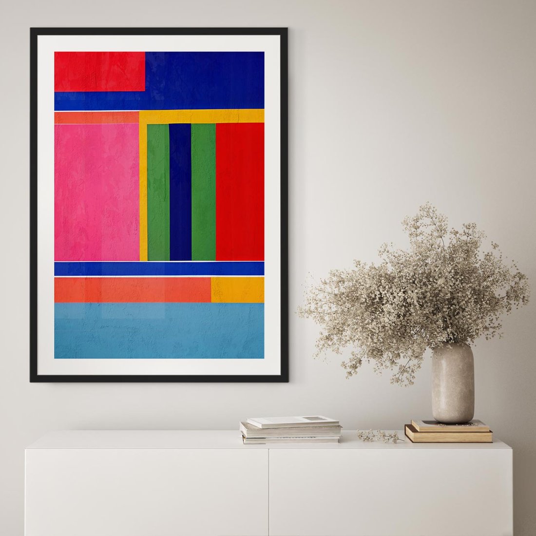 Plakat w ramie 50x70 - Wnętrza Rozplątanych Barw - abstrakcyjny geometryczny obraz olejny, kolorowe pasy - rama czarna